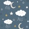 Seamless pattern with cute clouds and raindrops. vector illustration,