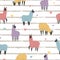 Seamless pattern with cute colorful llama on striped background.