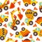 Seamless pattern of cute construction equipment for different purposes.