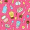 Seamless pattern with cute cosmetics elements on pink