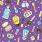 Seamless pattern with cute cosmetics elements on purple