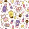 Seamless pattern with cute cosmetics elements on white