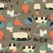 Seamless pattern with cute crazy cats and Christmas elements