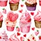 seamless pattern with cute cupcakes with pink cream and hearts. Valentine\\\'s Day print.