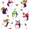 Seamless pattern with cute dancing penguins in Christmas and elf hats.