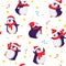 Seamless pattern with cute dancing penguins in Christmas and elf hats.