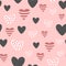 Seamless pattern with cute decorated hearts. Sketch, doodle, drawn by hand.