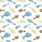Seamless pattern with cute different types of fish illustrations.