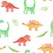 Seamless pattern with cute dinosaurs - diplodocus, triceps and tropical leaves. Watercolor illustration for prints, templates,