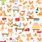 Seamless pattern. Cute dog corgi cooks are cooking in the kitchen. Baking cakes and pastries, cooking vegetables and meat.