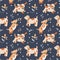 Seamless pattern with cute dogs, puppies in different poses among flowers.