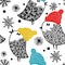 Seamless pattern with cute doodle birds in colorful warm hats.