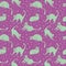 Seamless pattern, cute doodle cats in everyday poses, playing in the lilac space among the stars, vector illustration