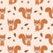 Seamless pattern, cute doodle drawn squirrels, acorns and oak leaves. Children\\\'s print, vector