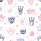 Seamless pattern with cute doodle queen or princess crowns in childish style. Hand drawn girly background with royal