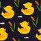 Seamless pattern with cute ducks and reeds. Ornament for textiles and wrapping. Vector background