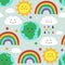 Seamless pattern with cute Earth,cloud, rainbow and sun