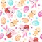 Seamless pattern of cute Easter rabbits with Easter eggs and chicken.