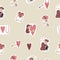 Seamless pattern with cute elements, hearts, candy, girl with heart, flowers, eye etc.