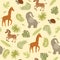 Seamless pattern with cute elephants, turtles, giraffes, zebras and tropical leaves. Vector graphics