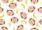 Seamless pattern of cute face monkeys cartoon with banana on white background