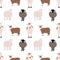 Seamless pattern with cute farm animals on white background. Backdrop with domestic livestock - cow, goat, sheep, ram