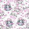 Seamless pattern with cute fase of cats and bows. Fashion kawaii kitty. Vector illustration