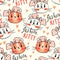 Seamless pattern with cute fase of cats and bows. Fashion kawaii kitty. Vector illustration