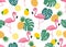 Seamless pattern of cute flamingo with tropical leaf ,lemon and pineapple on white background