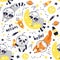 Seamless pattern with cute fox astronaut, raccoon, panda, planets, stars and comets. Space Background for Kids. Animals in outer