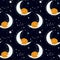 Seamless pattern with cute fox sleepping on the half moon with a star. Illustration for banner, sticker and poster for baby rooms