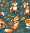 Seamless pattern with cute foxes in autumn leaves. Sweet vector background