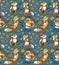 Seamless pattern with cute foxes in autumn leaves. Sweet vector background