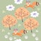 Seamless pattern with cute foxes and birds in forest among trees and flowers. Wonderful vector illustration