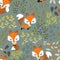 Seamless pattern with cute foxes on whimsical garden. Flat but cute illustration for children`s print
