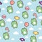 Seamless pattern of cute frog hold candy balloon on sky cloud background.Reptile