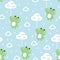 Seamless pattern of cute frog hold cloud shape balloon on sky rainy background