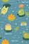 Seamless pattern with cute frogs and water lilies. Vector graphics