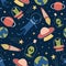 Seamless pattern with cute funny aliens and cat on galaxy with earth, planet, and stars. Background for children, kids, baby