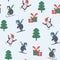 Seamless pattern of cute funny cartoon penguins skiing, sledging and skating with warm clothes. Winter vector baby illustration