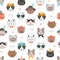 Seamless pattern with cute funny cat faces or heads wearing stylish accessories. Backdrop with cartoon animal muzzles on