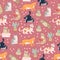 Seamless pattern with cute funny cats different breed isolated on pink background sitting, laying, hiding in box.