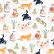 Seamless pattern with cute funny cats different breed isolated on pink background sitting, laying, hiding in box.