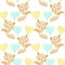 Seamless pattern, cute funny foxes fly on balloons in the shape of hearts. Festive design. Textiles, paper, print.