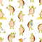 Seamless pattern with cute and funny green turtles. Happy smiling tortoise characters standing on back paws on white