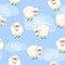 Seamless pattern with cute funny herd white sheeps on sky