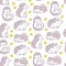 Seamless pattern with cute funny little hedgehogs isolated on white background.