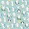 Seamless pattern with cute funny little white bunny sit,  stand with balloon, hide in grass, carry Easter egg