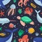 Seamless pattern with cute funny marine animals or happy underwater creatures living in sea. Ocean fauna. Flat cartoon