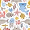Seamless pattern with cute funny marine animals or underwater creatures on white background. Backdrop with happy sea and